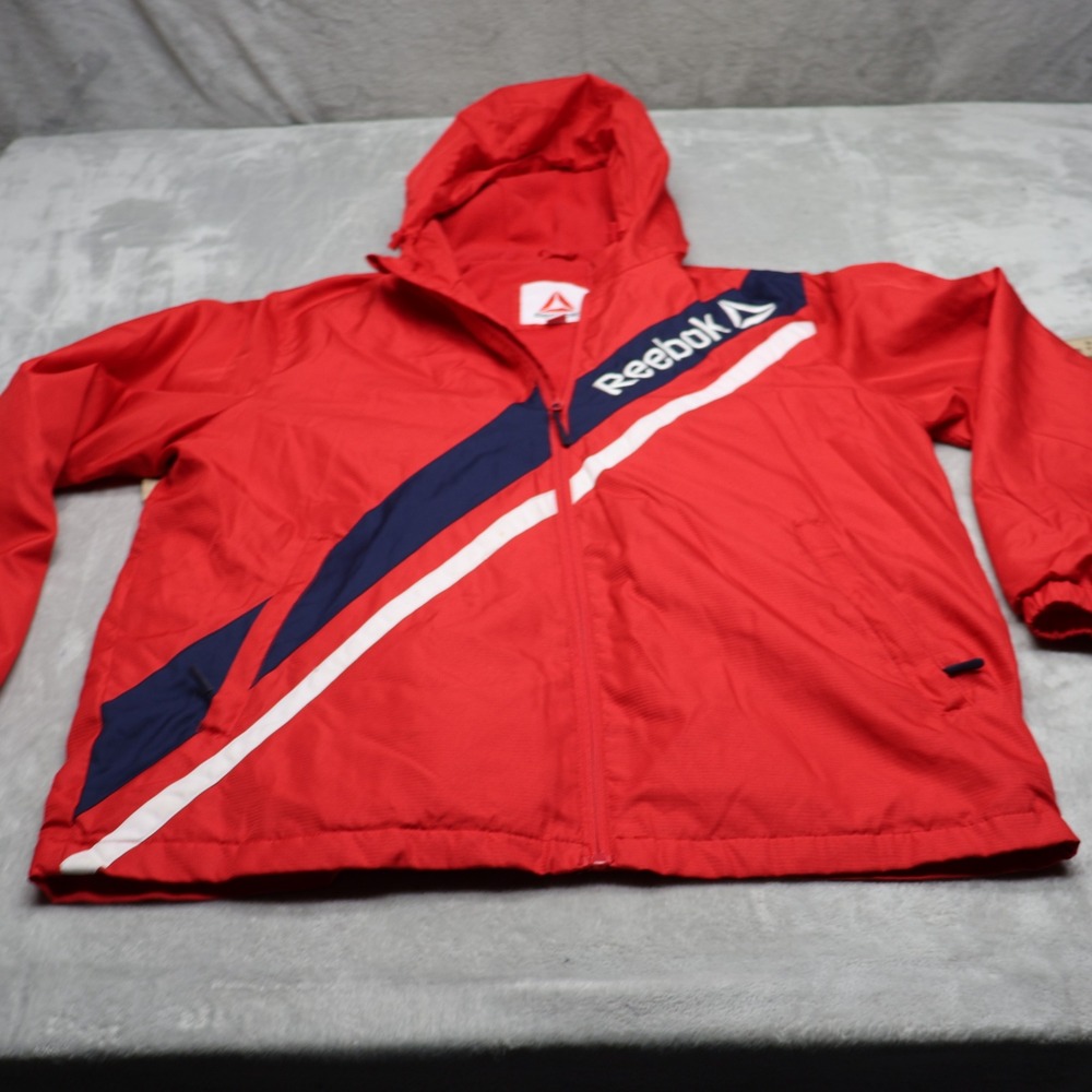 Reebok Jacket Mens XL Red Fleece Lined Full Zip Hooded Light Retro Windbreaker